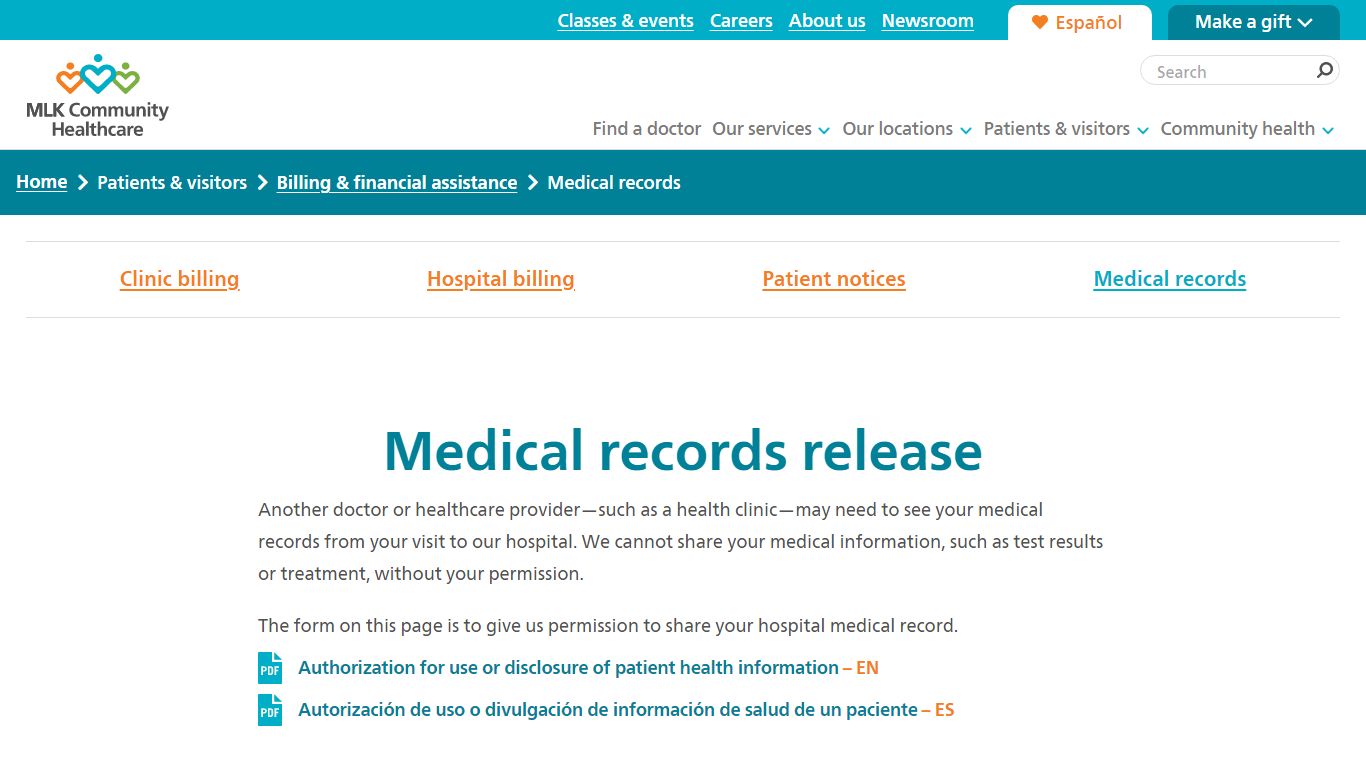 Release Form for Your Hospital Medical Records - MLKCH